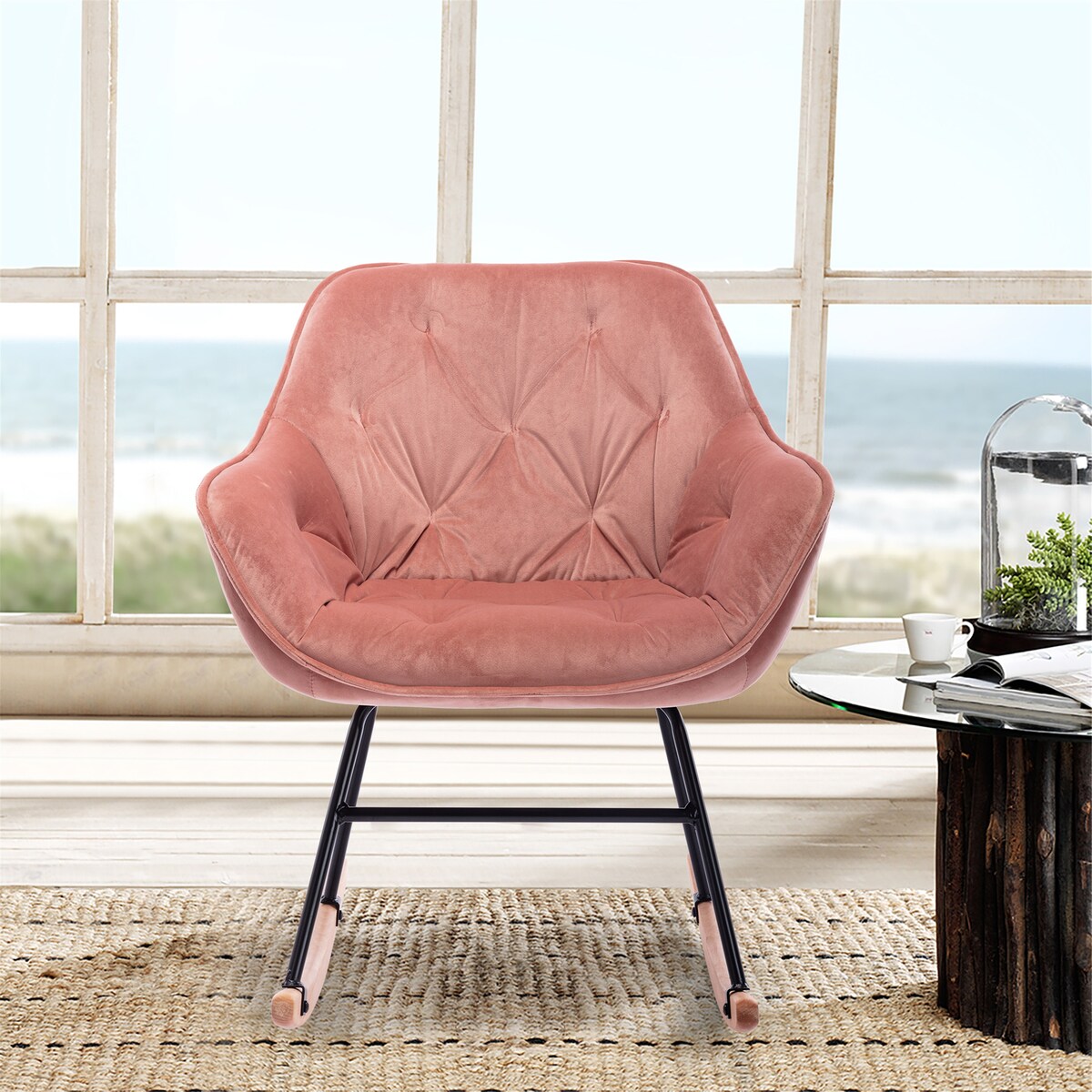 Comfortable Modern Design Velvet Rocking Chair with High Backrest and Cozy Armrest ,Ergonomic Chair for Livingroom