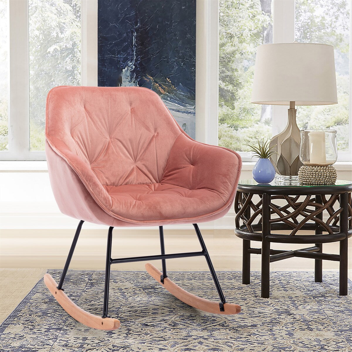 Comfortable Modern Design Velvet Rocking Chair with High Backrest and Cozy Armrest ,Ergonomic Chair for Livingroom