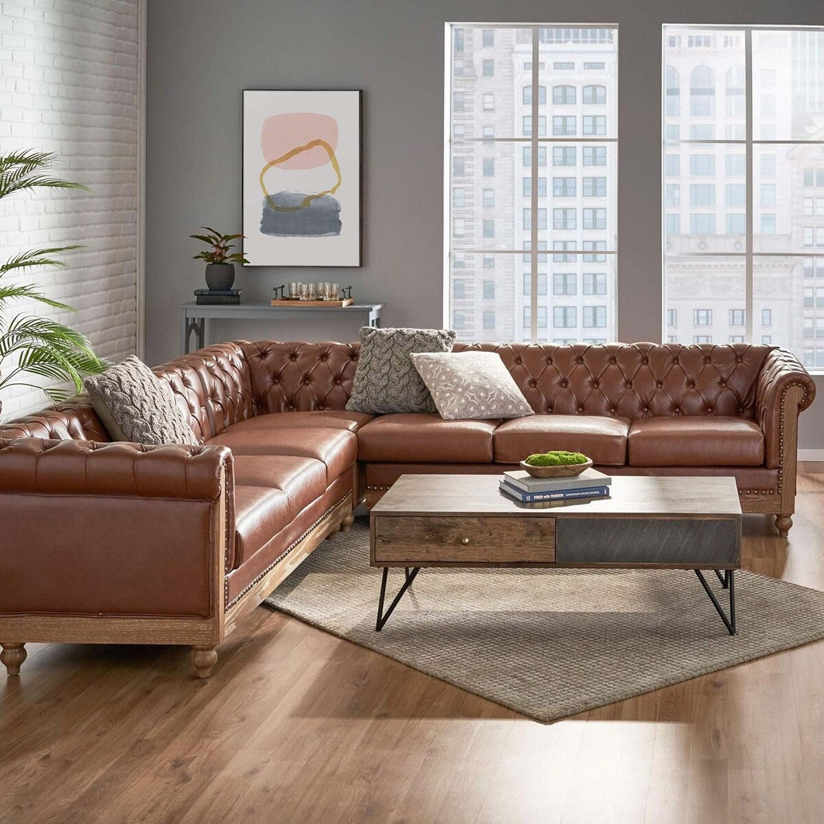 Comfy Large Sectional Sofa with Wooden Legs, Retro Style for Living Room