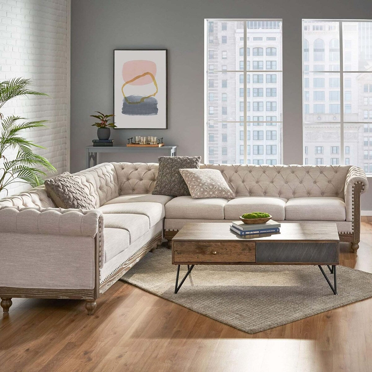 Comfy Large Sectional Sofa with Wooden Legs, Retro Style for Living Room