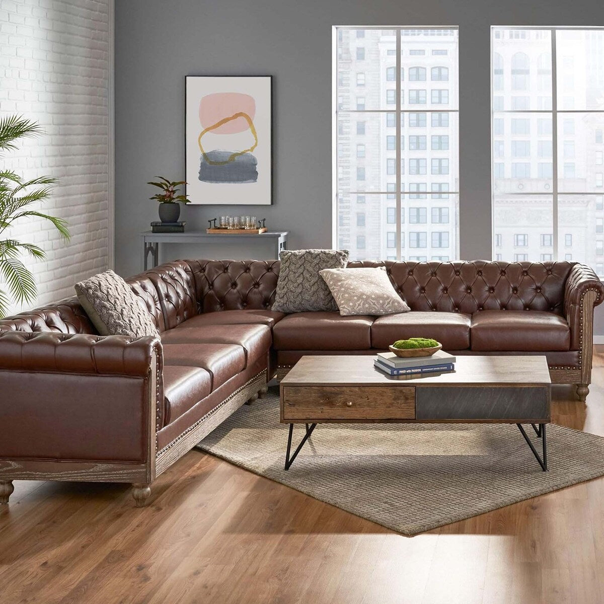 Comfy Large Sectional Sofa with Wooden Legs, Retro Style for Living Room