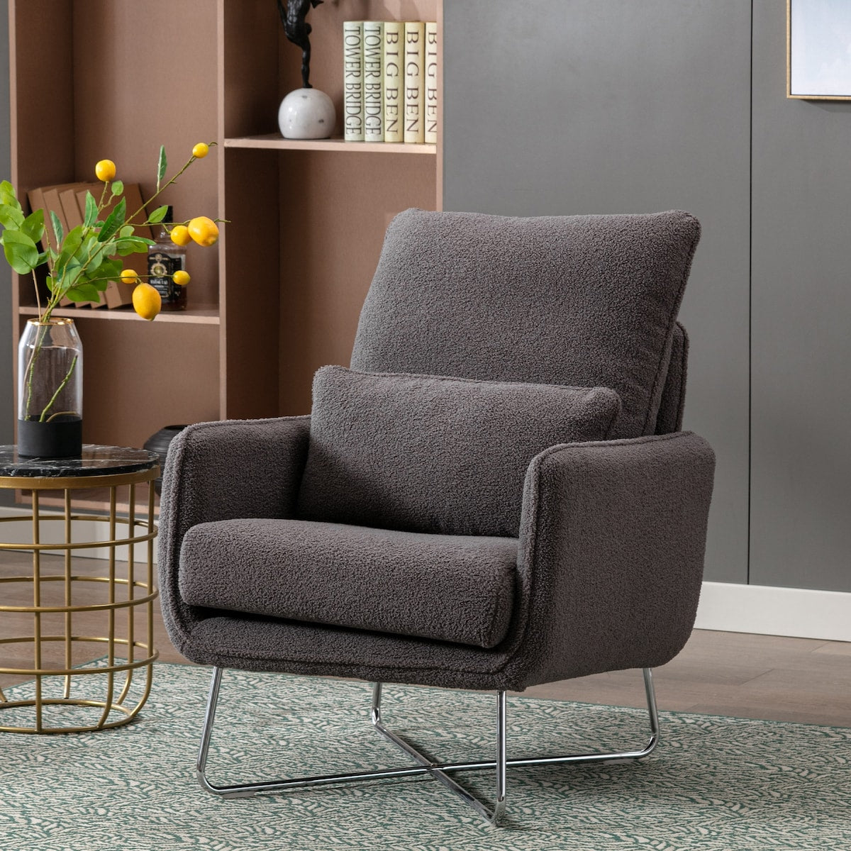 Comfy Leisure Accent Chair, Teddy Short Plush Particle Velvet Armchair with Lumbar Pillow and Metal Base for Living Room