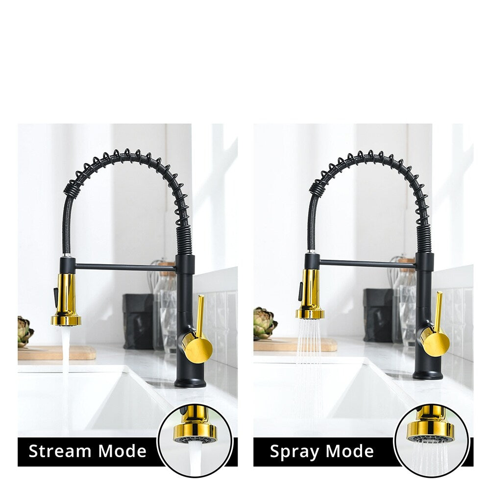 Commercial Black and Nickel Gold Kitchen Faucet with Pull Out Sprayer, Single Handle Single Lever Kitchen Sink Faucet