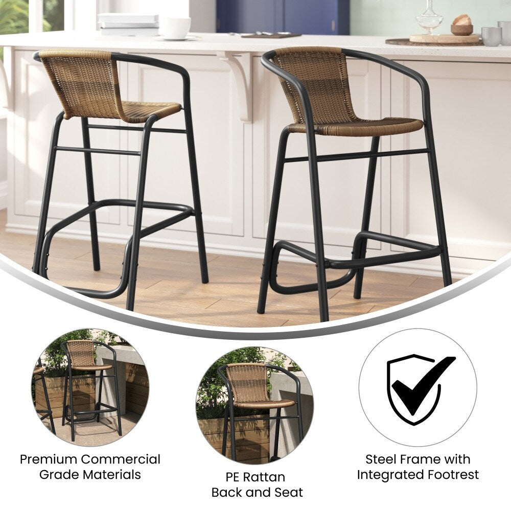 Commercial Indoor-Outdoor Rattan Restaurant Barstool with Aluminum Frame-Set of 2