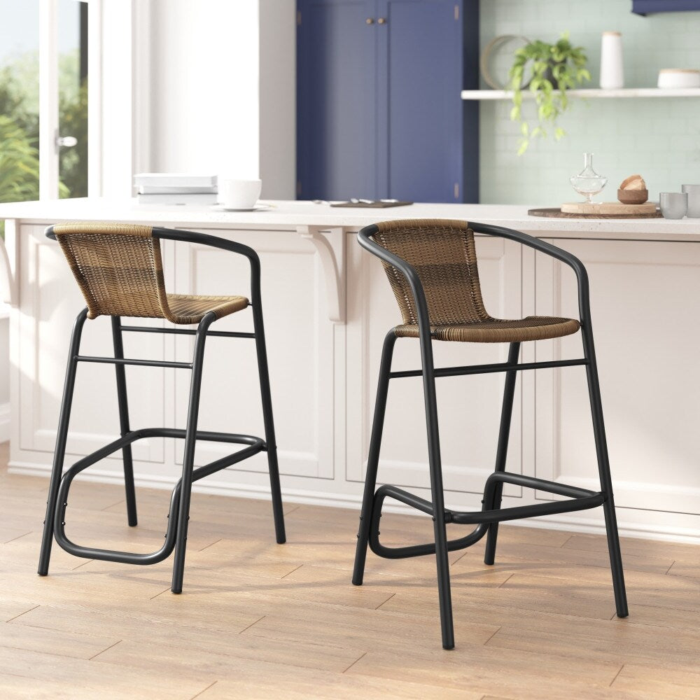 Commercial Indoor-Outdoor Rattan Restaurant Barstool with Aluminum Frame-Set of 2