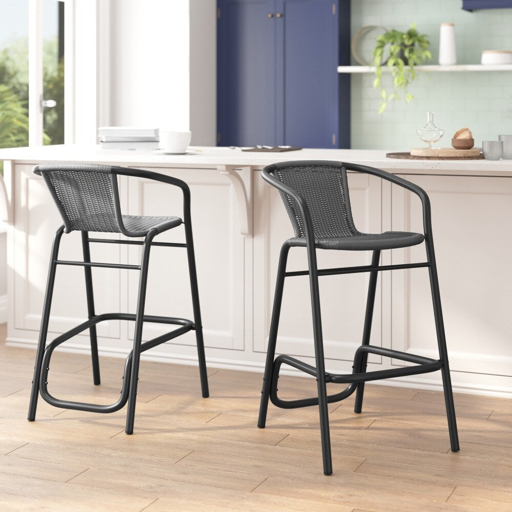 Commercial Indoor-Outdoor Rattan Restaurant Barstool with Aluminum Frame-Set of 2