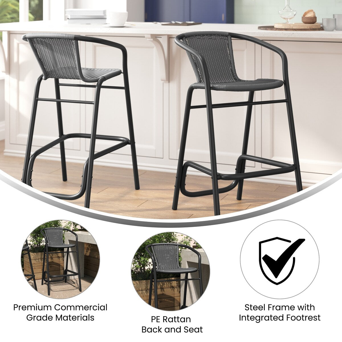 Commercial Indoor-Outdoor Rattan Restaurant Barstool with Aluminum Frame-Set of 2