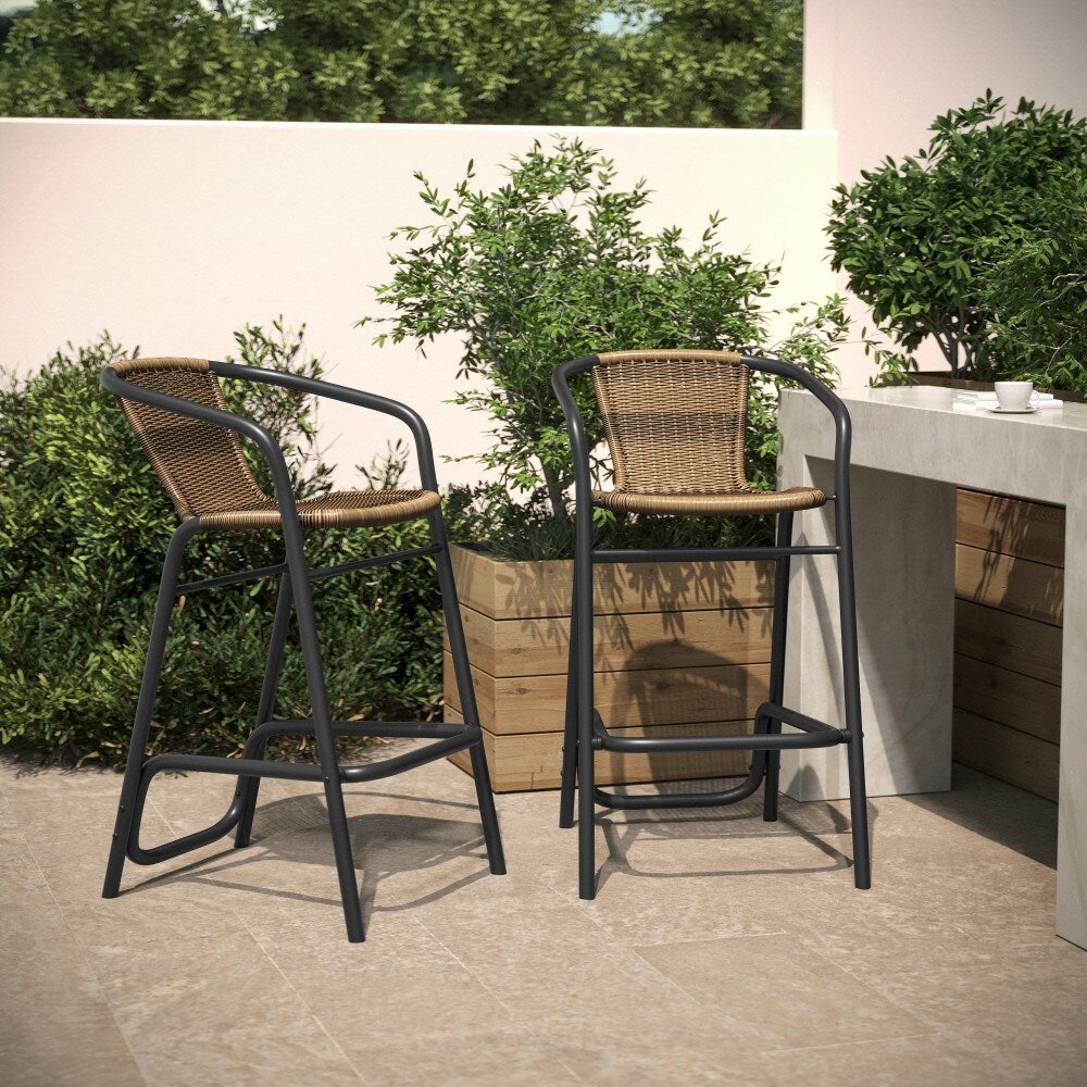 Commercial Indoor-Outdoor Rattan Restaurant Barstool with Aluminum Frame-Set of 2