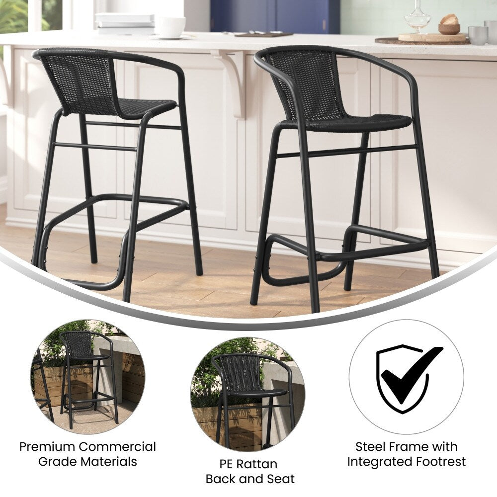 Commercial Indoor-Outdoor Rattan Restaurant Barstool with Aluminum Frame-Set of 2