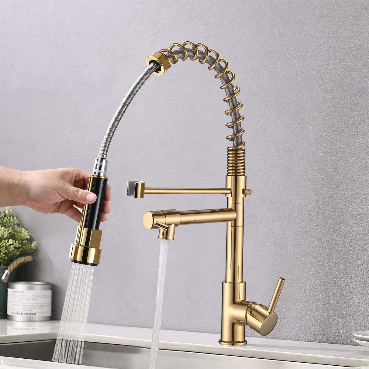 Commercial Pull Down Kitchen Sink Faucet Polished Gold Single Handle Kitchen Faucets With Sprayer Stainless Steel Laundry Taps