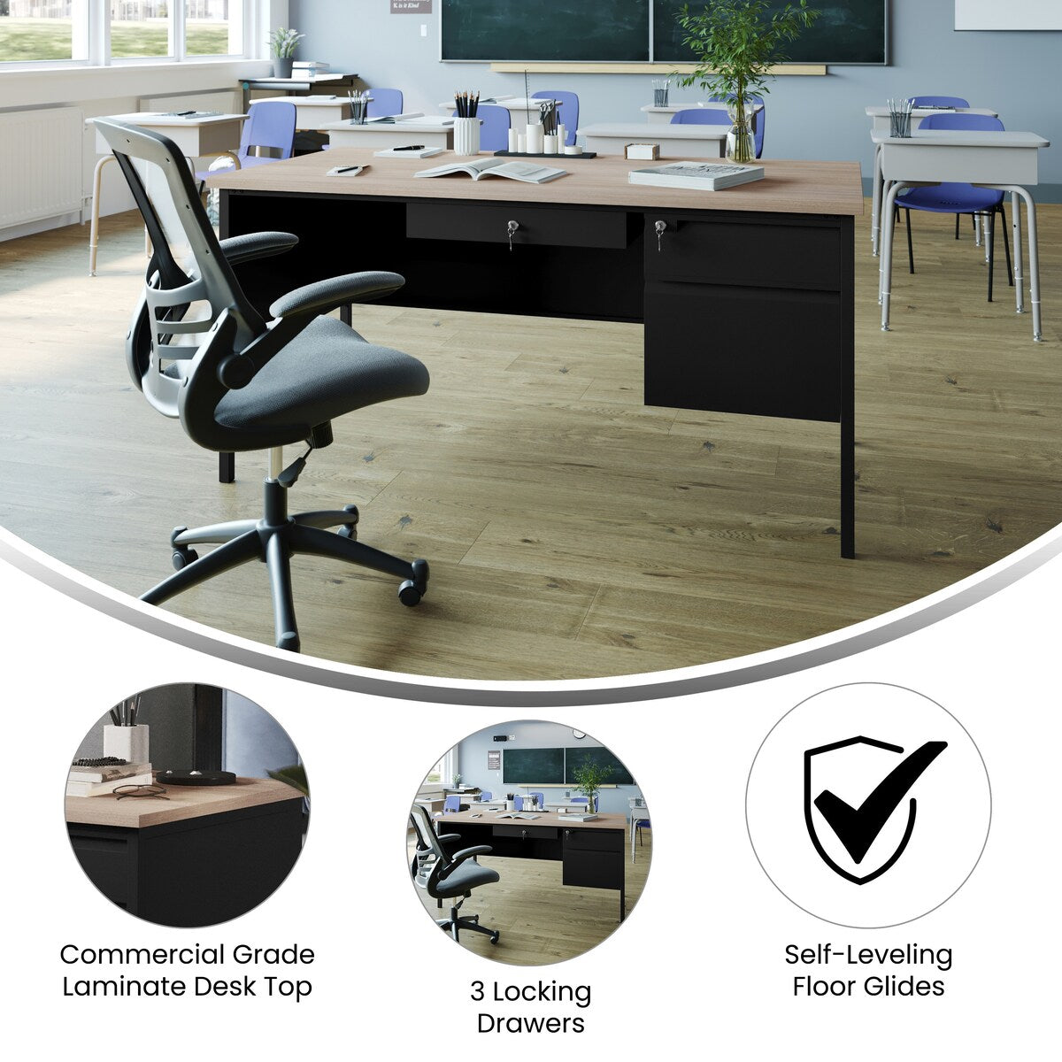 Commercial Right Side Single Pedestal Desk with 3 Locking Drawers