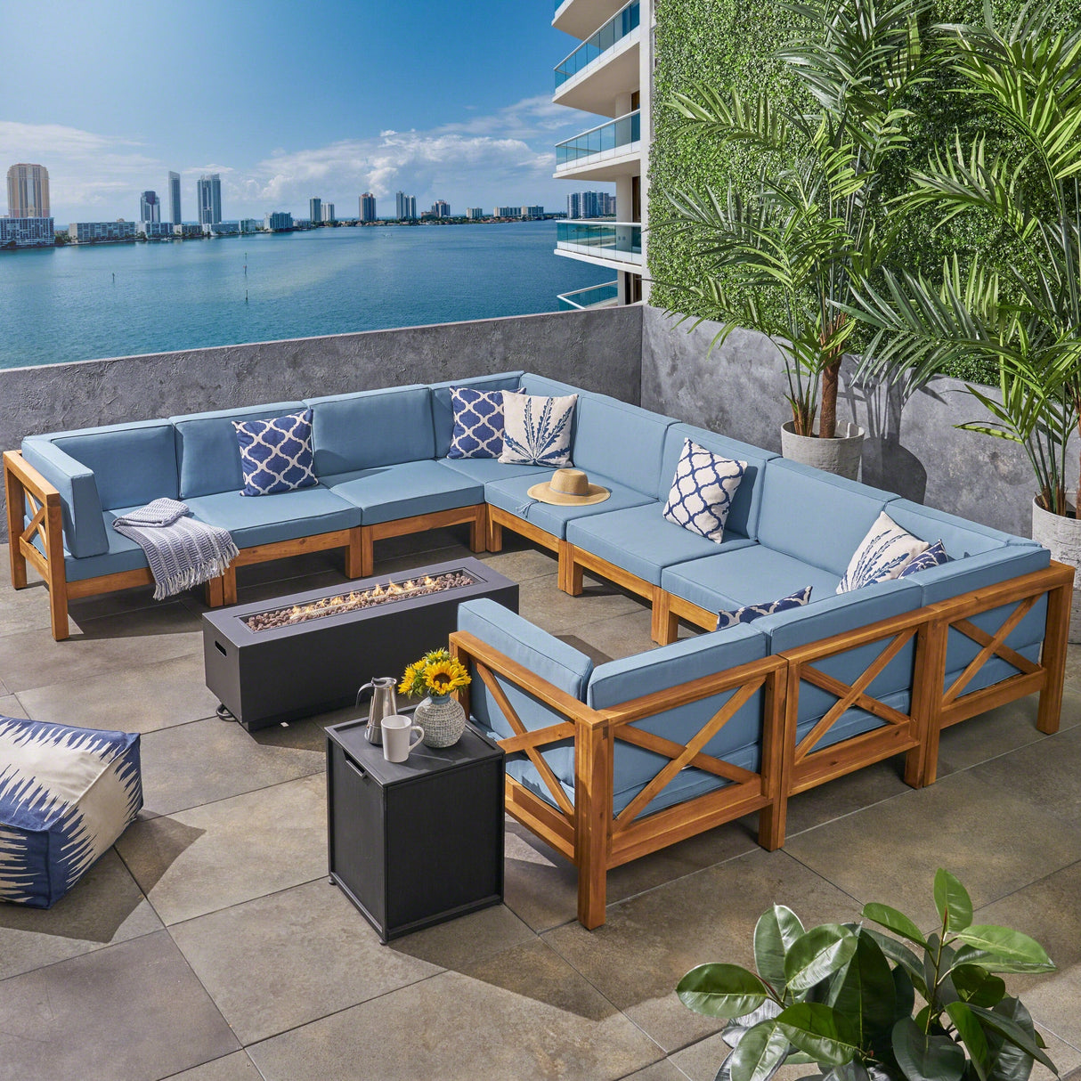 Comores Outdoor Acacia Wood 10 Seater U-Shaped Sectional Sofa Set with Fire Pit by Christopher Knight Home