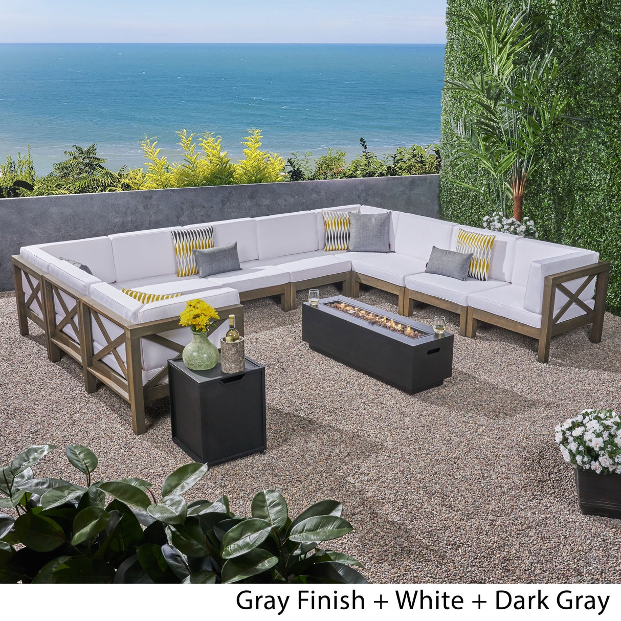 Comores Outdoor Acacia Wood 10 Seater U-Shaped Sectional Sofa Set with Fire Pit by Christopher Knight Home