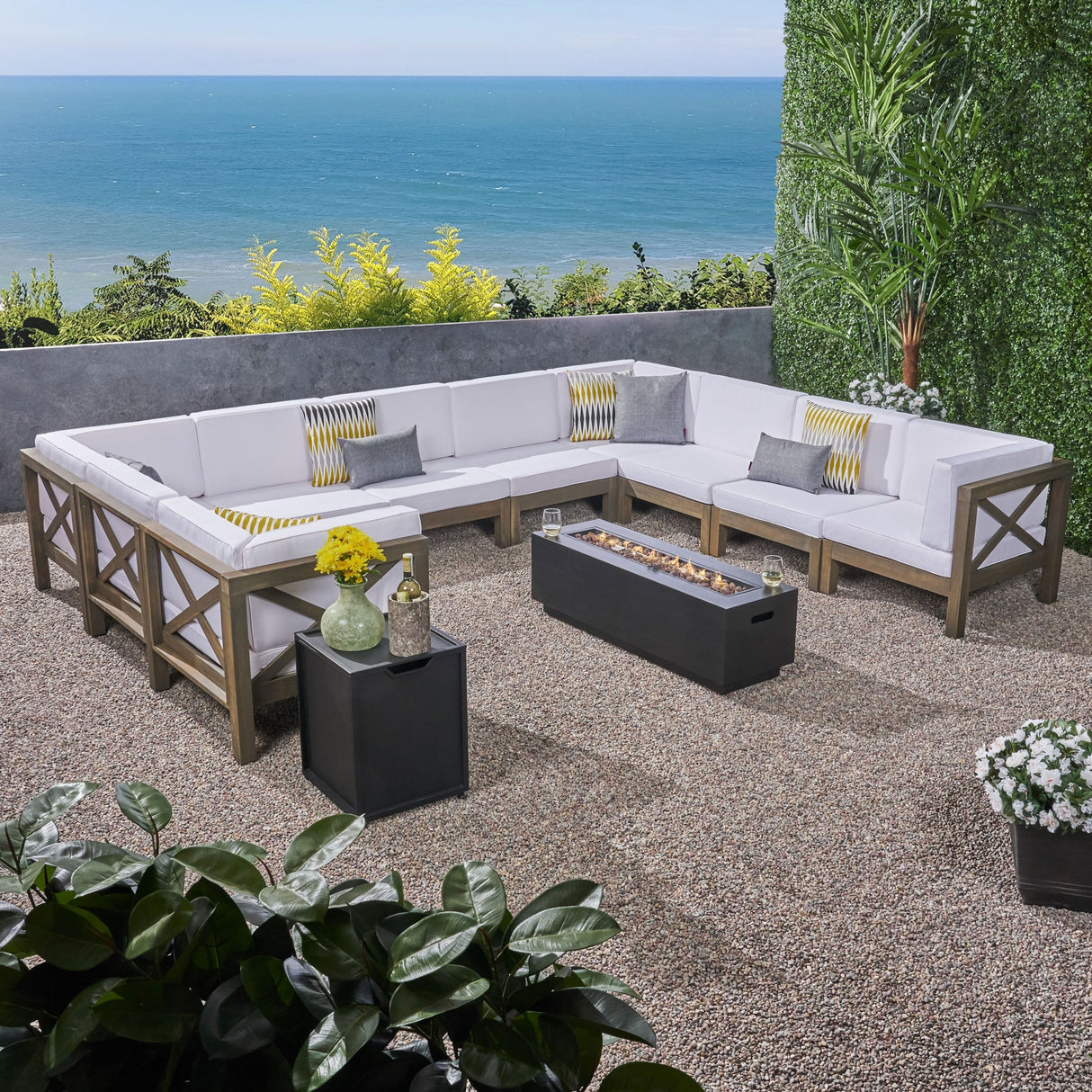 Comores Outdoor Acacia Wood 10 Seater U-Shaped Sectional Sofa Set with Fire Pit by Christopher Knight Home