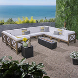 Comores Outdoor Acacia Wood 10 Seater U-Shaped Sectional Sofa Set with Fire Pit by Christopher Knight Home