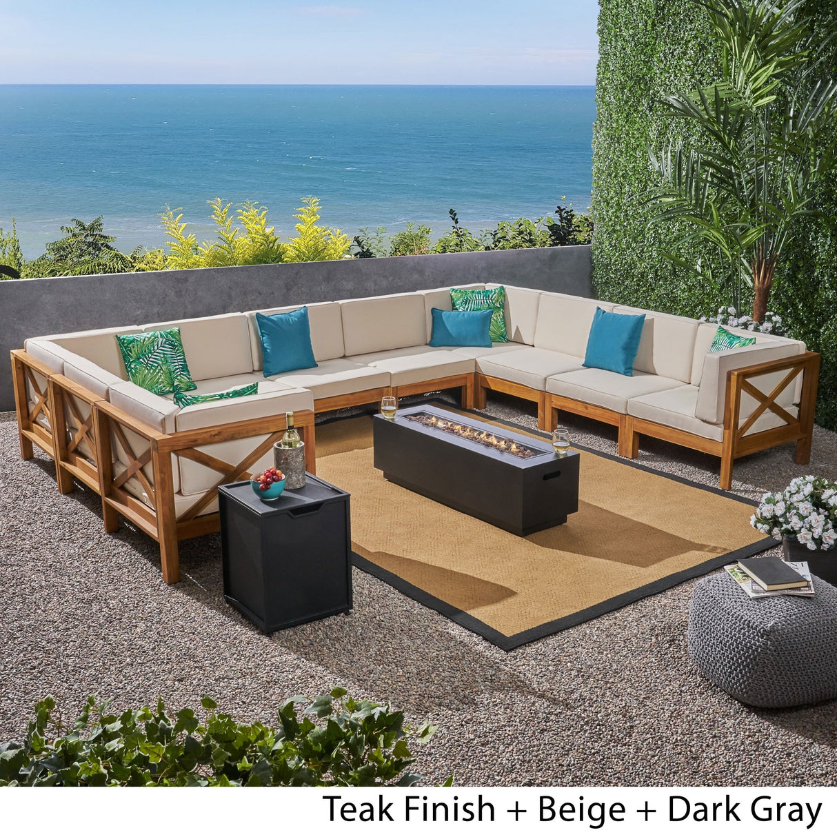 Comores Outdoor Acacia Wood 10 Seater U-Shaped Sectional Sofa Set with Fire Pit by Christopher Knight Home