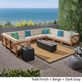 Comores Outdoor Acacia Wood 10 Seater U-Shaped Sectional Sofa Set with Fire Pit by Christopher Knight Home