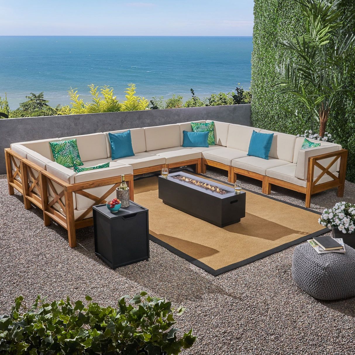 Comores Outdoor Acacia Wood 10 Seater U-Shaped Sectional Sofa Set with Fire Pit by Christopher Knight Home