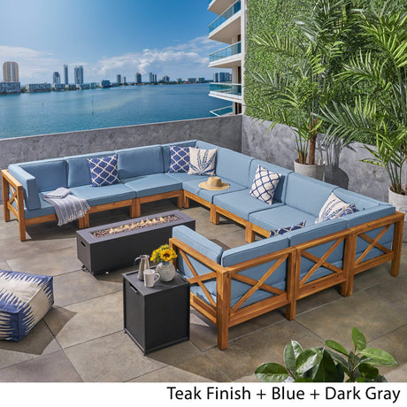 Comores Outdoor Acacia Wood 10 Seater U-Shaped Sectional Sofa Set with Fire Pit by Christopher Knight Home