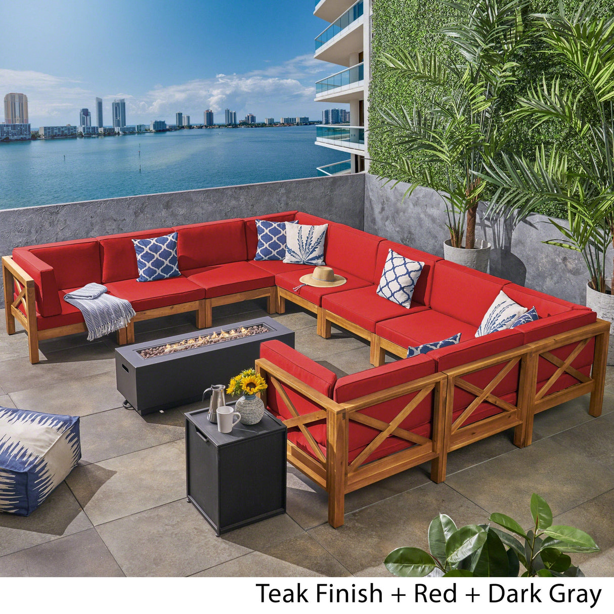 Comores Outdoor Acacia Wood 10 Seater U-Shaped Sectional Sofa Set with Fire Pit by Christopher Knight Home