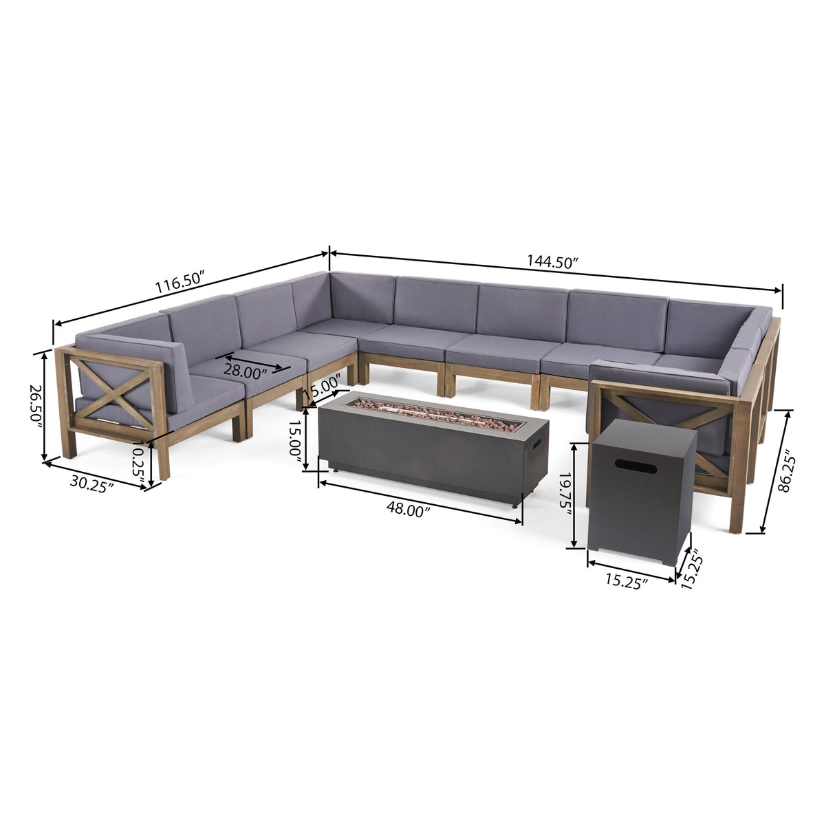 Comores Outdoor Acacia Wood 10 Seater U-Shaped Sectional Sofa Set with Fire Pit by Christopher Knight Home
