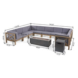 Comores Outdoor Acacia Wood 10 Seater U-Shaped Sectional Sofa Set with Fire Pit by Christopher Knight Home