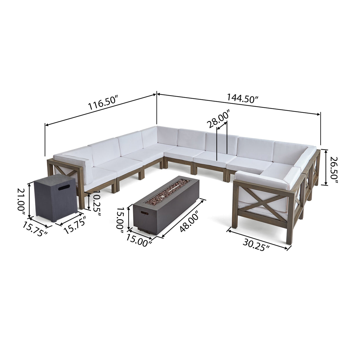 Comores Outdoor Acacia Wood 10 Seater U-Shaped Sectional Sofa Set with Fire Pit by Christopher Knight Home