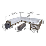 Comores Outdoor Acacia Wood 10 Seater U-Shaped Sectional Sofa Set with Fire Pit by Christopher Knight Home