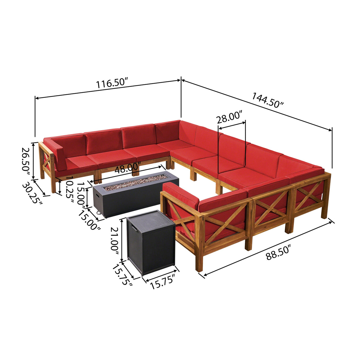 Comores Outdoor Acacia Wood 10 Seater U-Shaped Sectional Sofa Set with Fire Pit by Christopher Knight Home