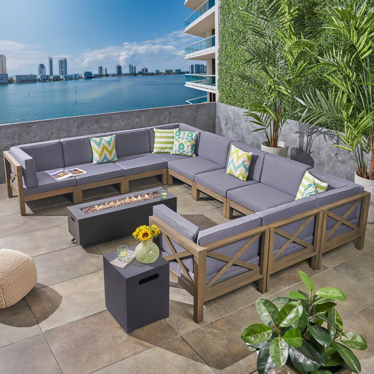 Comores Outdoor Acacia Wood 10 Seater U-Shaped Sectional Sofa Set with Fire Pit by Christopher Knight Home