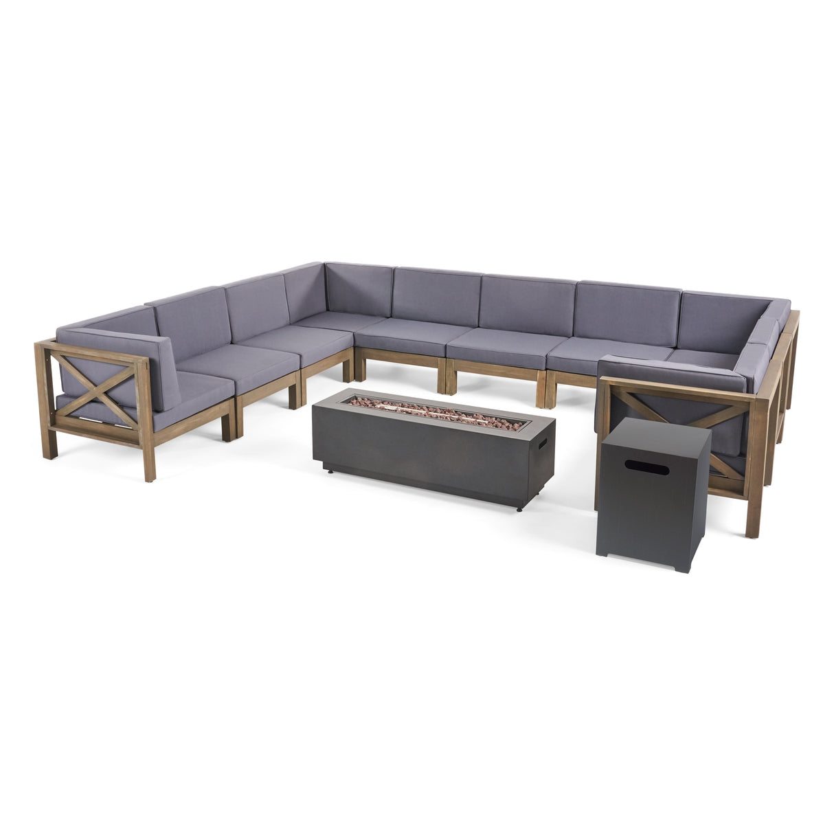 Comores Outdoor Acacia Wood 10 Seater U-Shaped Sectional Sofa Set with Fire Pit by Christopher Knight Home