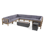 Comores Outdoor Acacia Wood 10 Seater U-Shaped Sectional Sofa Set with Fire Pit by Christopher Knight Home