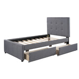 Compact Linen Upholstered Platform Bed with 2 Drawers&Tufted Headboard, Wood Panel Bed for Small Aprtment Dorm Bedroom