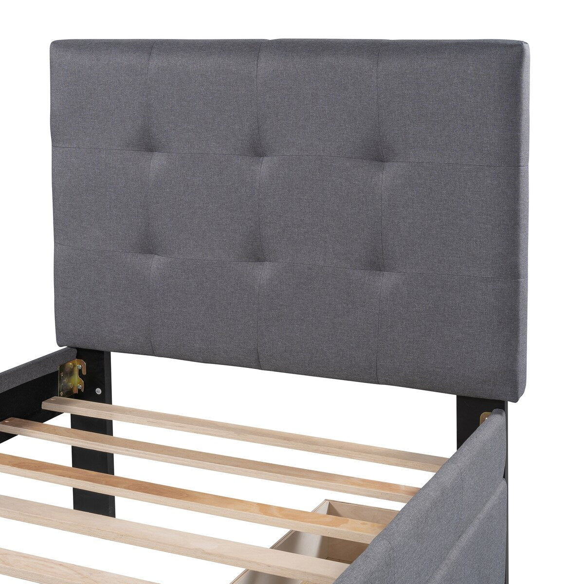 Compact Linen Upholstered Platform Bed with 2 Drawers&Tufted Headboard, Wood Panel Bed for Small Aprtment Dorm Bedroom
