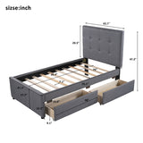 Compact Linen Upholstered Platform Bed with 2 Drawers&Tufted Headboard, Wood Panel Bed for Small Aprtment Dorm Bedroom