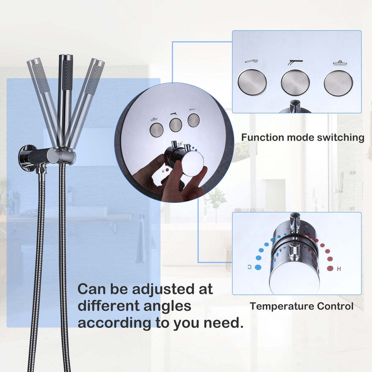 3-Way Complete 12'' Rain Shower System with 4 Body Jets and High-pressure Handheld Shower Head in Black/Nickel/Chrome, Wall