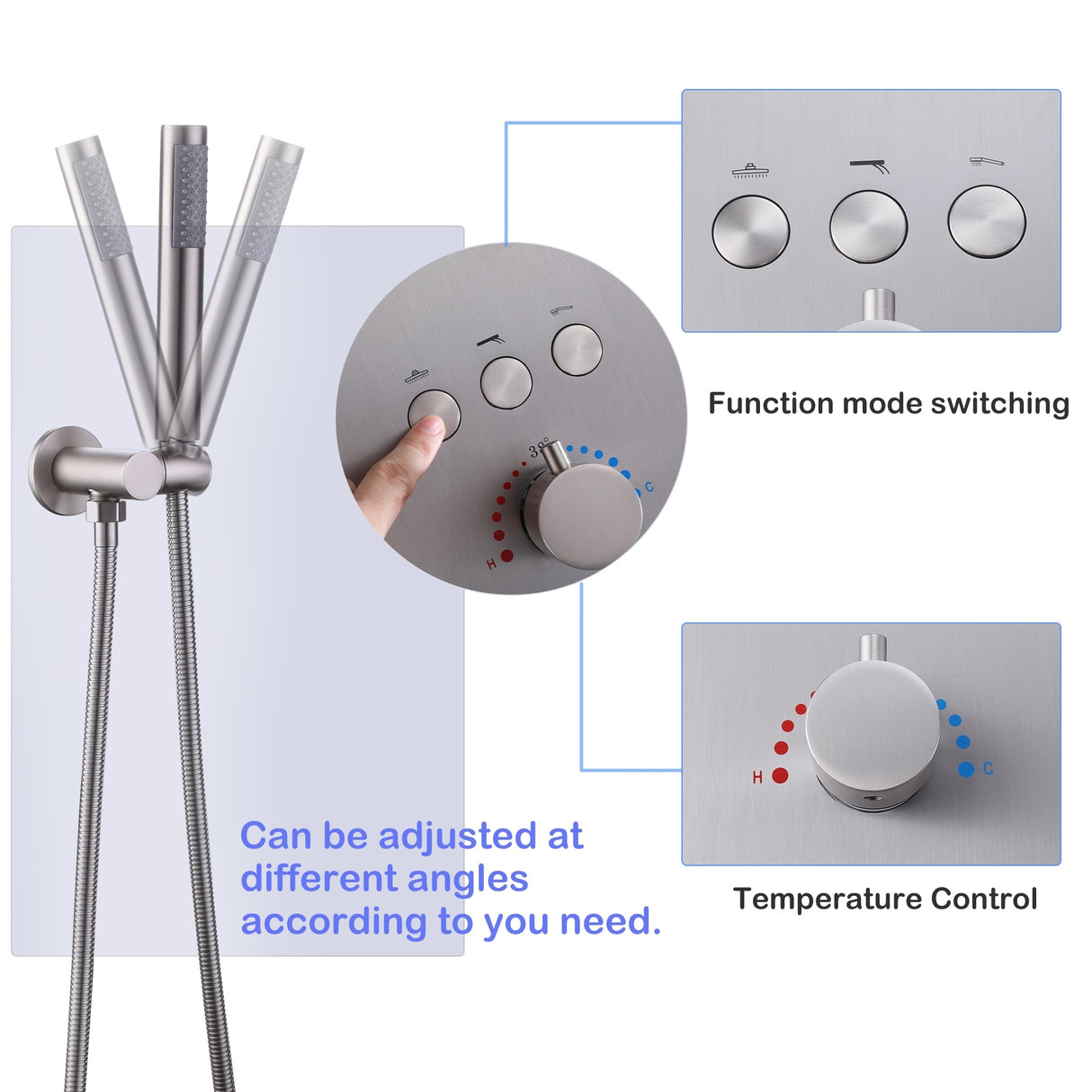 3-Way Complete 12'' Rain Shower System with 4 Body Jets and High-pressure Handheld Shower Head in Black/Nickel/Chrome, Wall