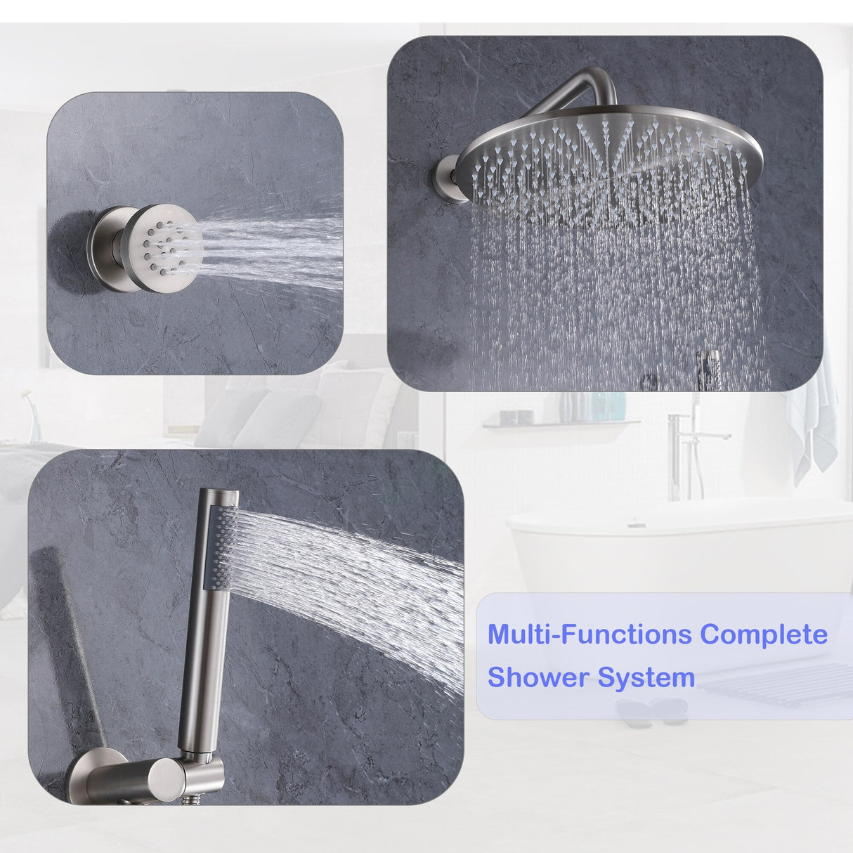3-Way Complete 12'' Rain Shower System with 4 Body Jets and High-pressure Handheld Shower Head in Black/Nickel/Chrome, Wall