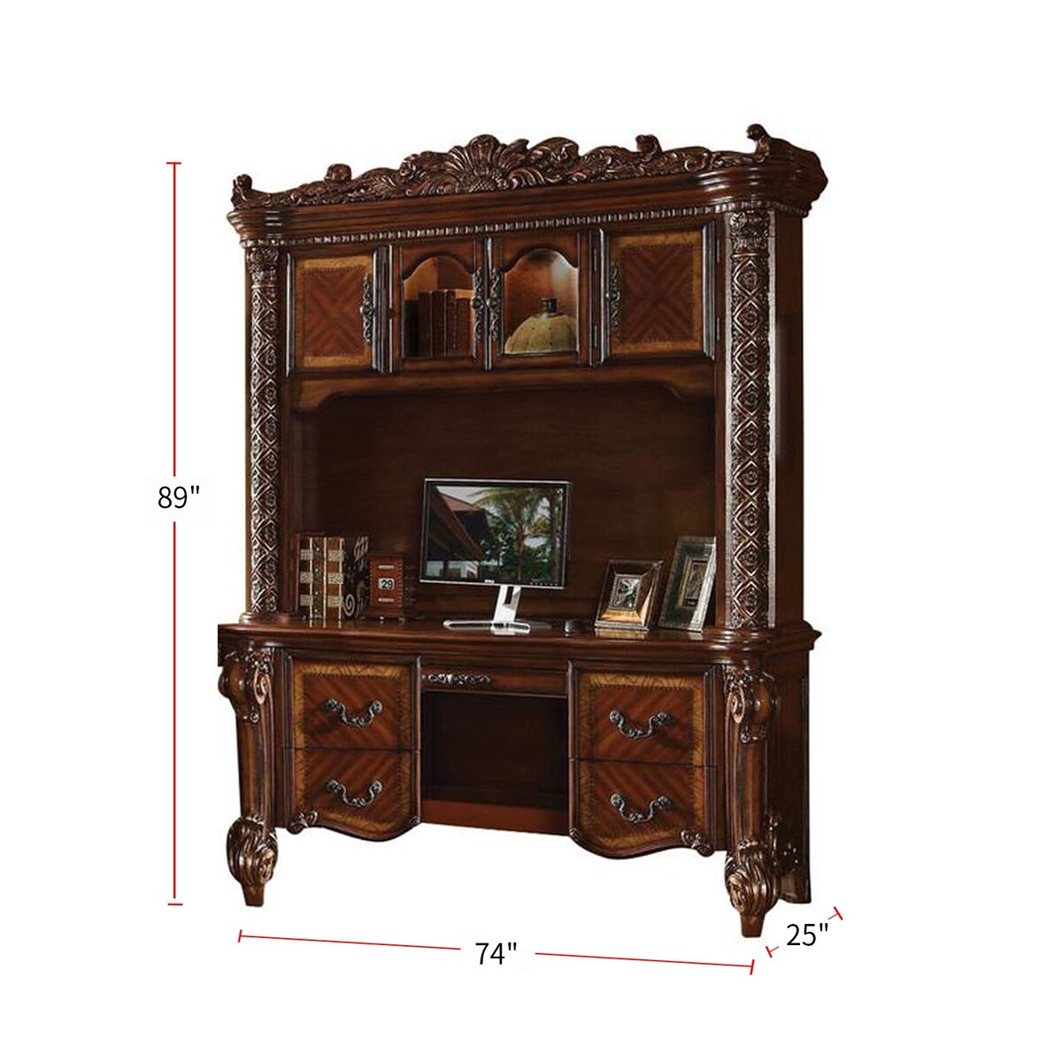 Computer Desk & Hutch with 4 Doors in Cherry Finish
