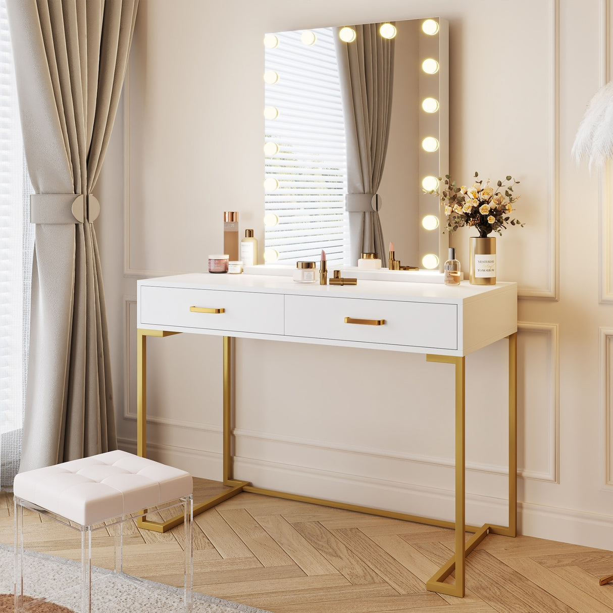 Computer Desk with 2 Drawers, Modern Study Writing Table with Storage for Home Office