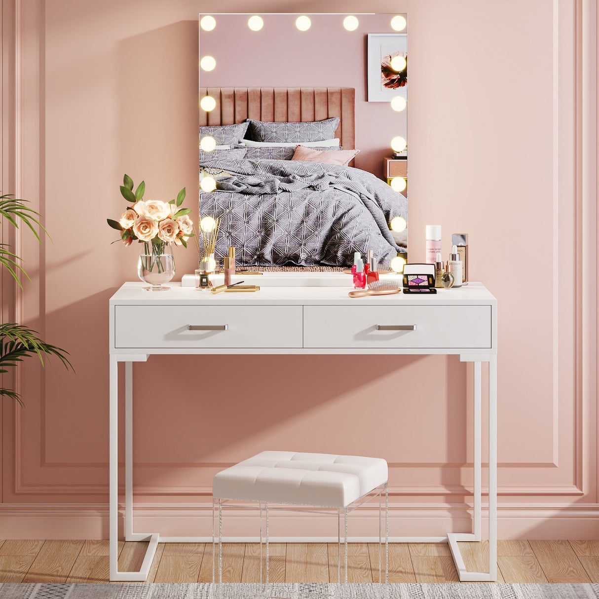 Computer Desk with 2 Drawers, Modern Study Writing Table with Storage for Home Office