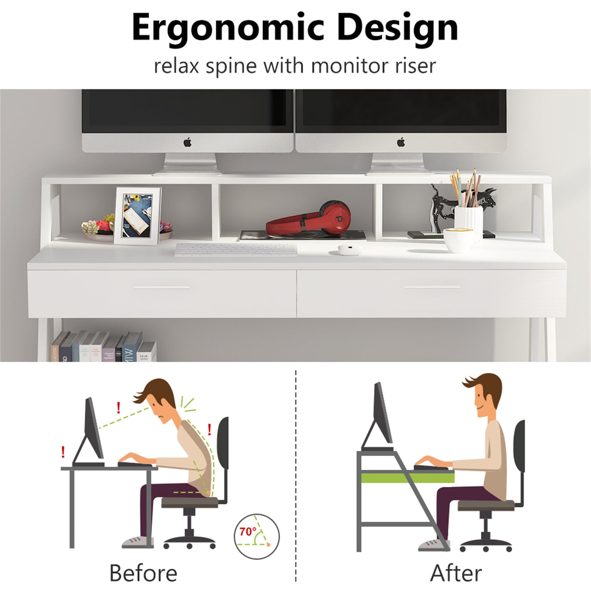 Computer Desk with Drawers and Storage Monitor Hutch Shelf, Office Writing Desk with Shelves