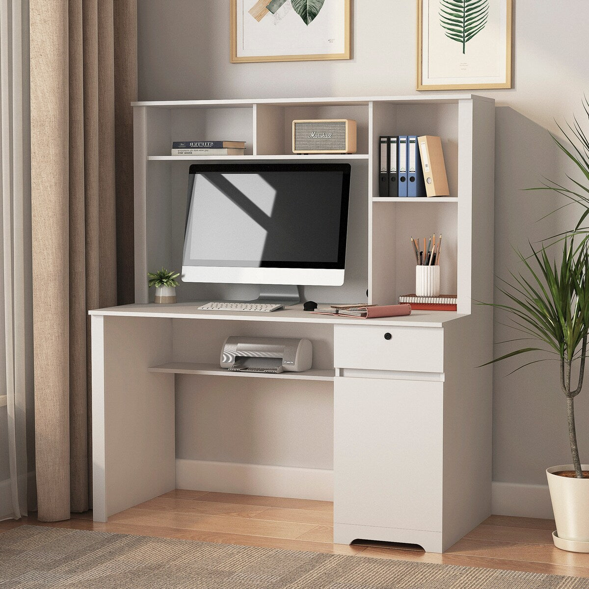 Computer Desk with Hutch & Bookshelf, Home Office Desk with Drawers, 3 AC Outlets& 2 USB Charging Ports, Study Laptop Table