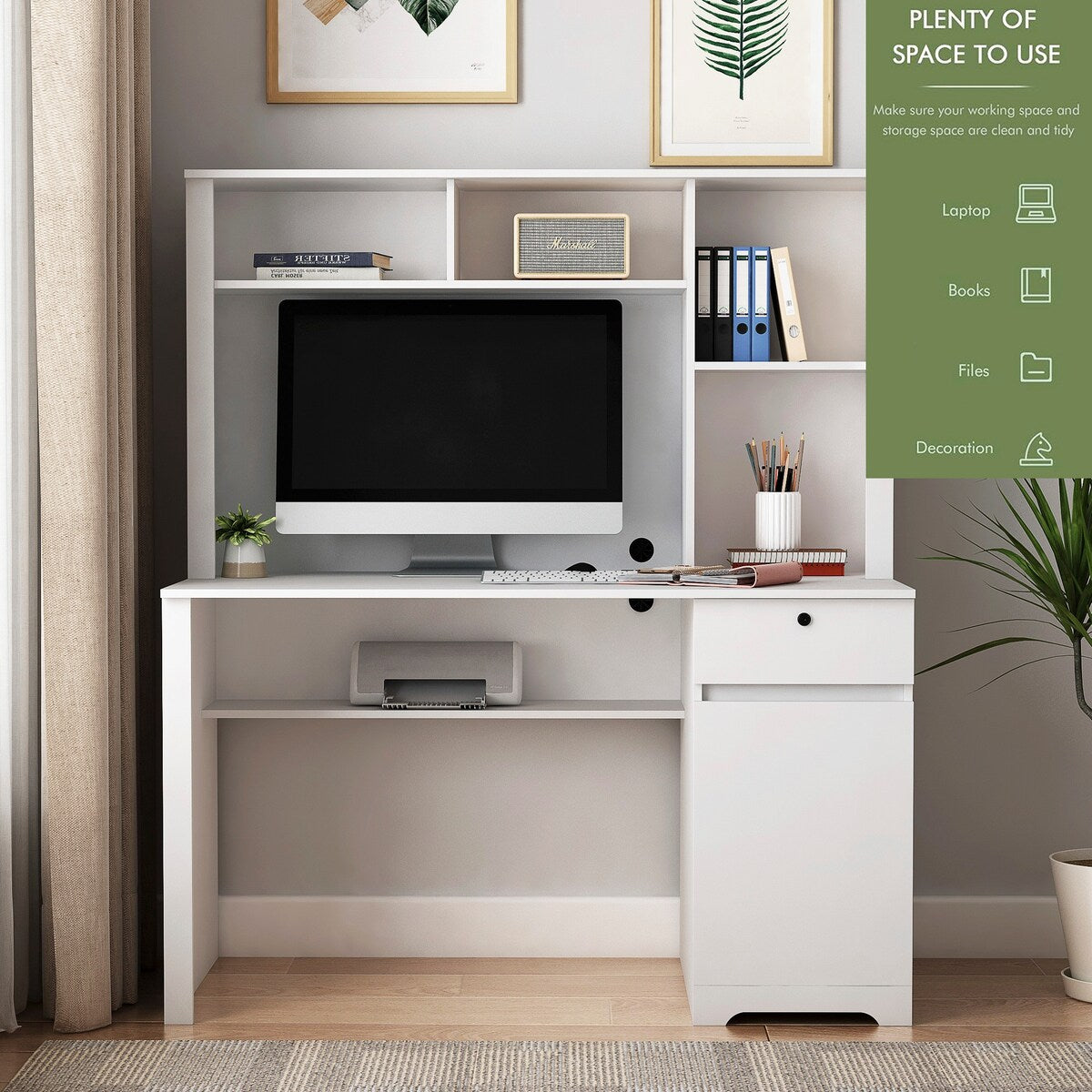 Computer Desk with Hutch & Bookshelf, Home Office Desk with Drawers, 3 AC Outlets& 2 USB Charging Ports, Study Laptop Table