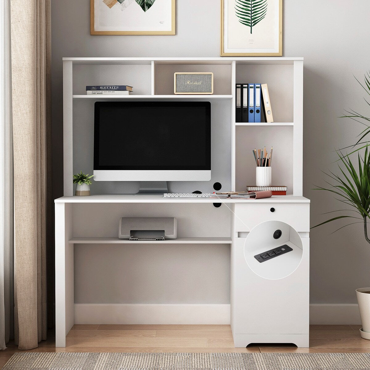Computer Desk with Hutch & Bookshelf, Home Office Desk with Drawers, 3 AC Outlets& 2 USB Charging Ports, Study Laptop Table