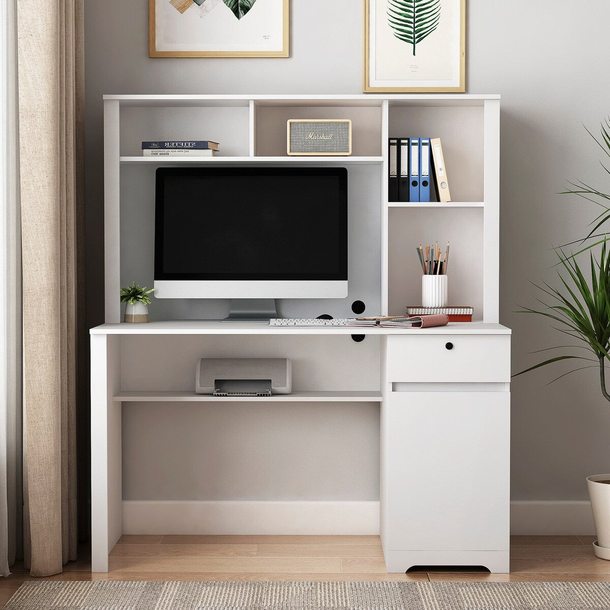 Computer Desk with Hutch & Bookshelf, Home Office Desk with Drawers, 3 AC Outlets& 2 USB Charging Ports, Study Laptop Table