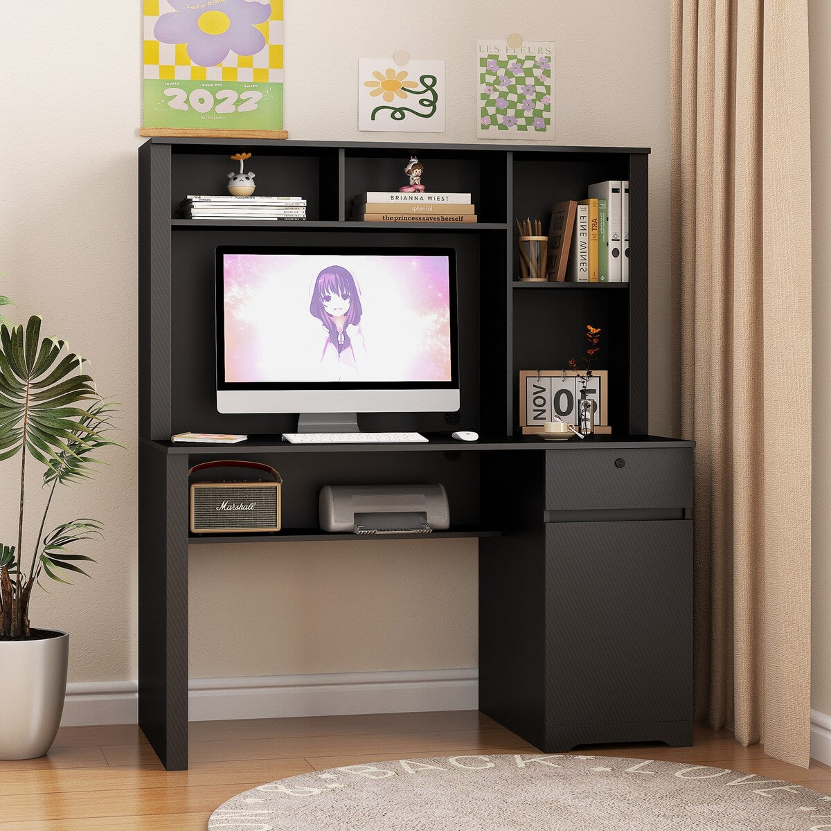 Computer Desk with Hutch & Bookshelf,Wood Executive Desk Teens Student Desk Writing Laptop Home Office Desk with Drawers