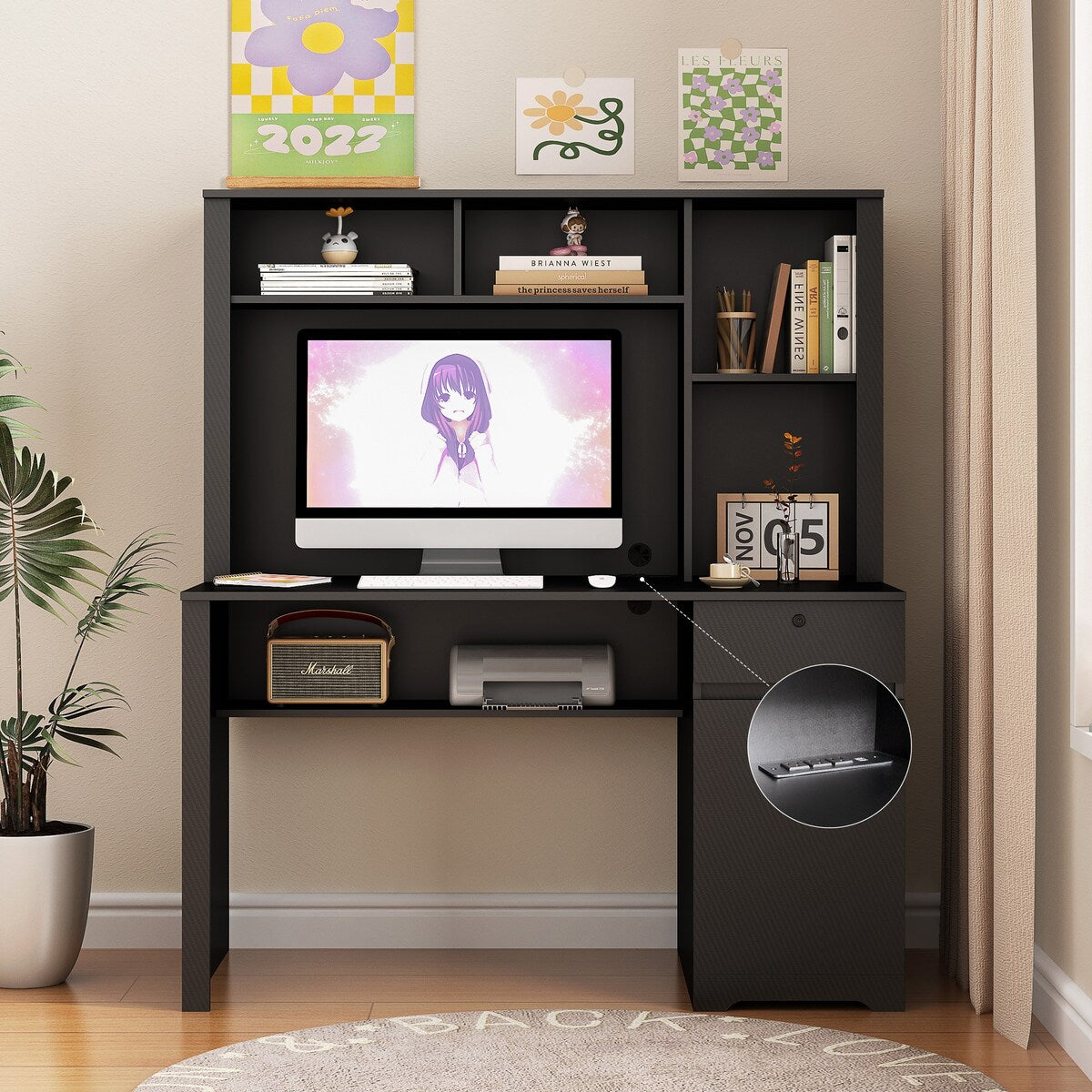 Computer Desk with Hutch & Bookshelf,Wood Executive Desk Teens Student Desk Writing Laptop Home Office Desk with Drawers