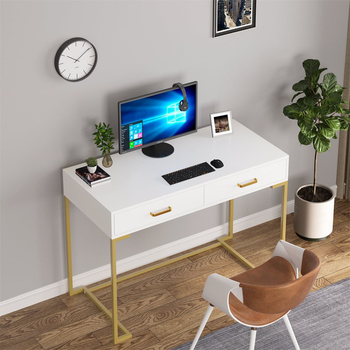 Computer Desk with 2 Drawers, Modern Study Writing Table with Storage for Home Office