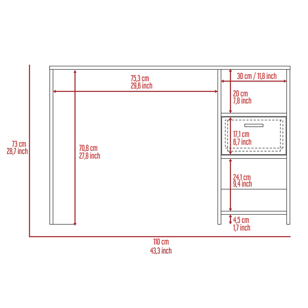 Computer Desk,Writing Desk, One Drawer, Two Shelves